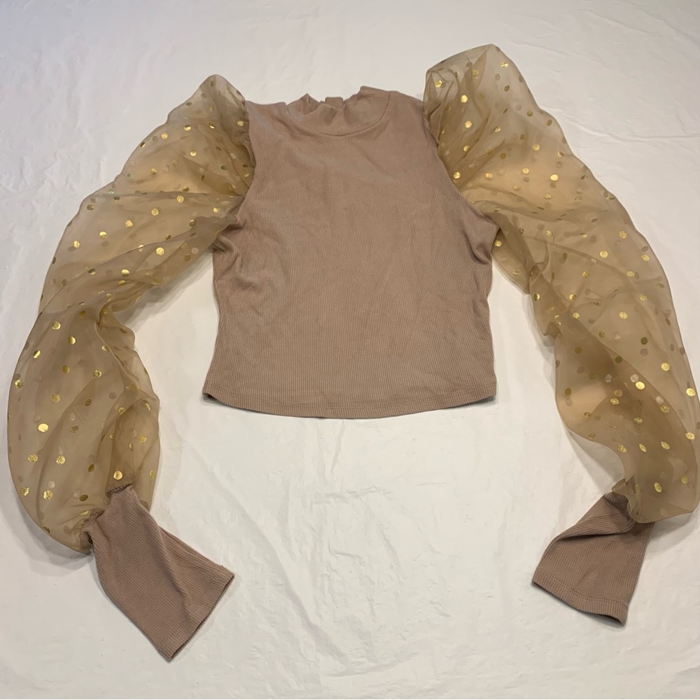 K Too Sheer Puff Sleeves Ribbed Crop Shirt Women’s Medium